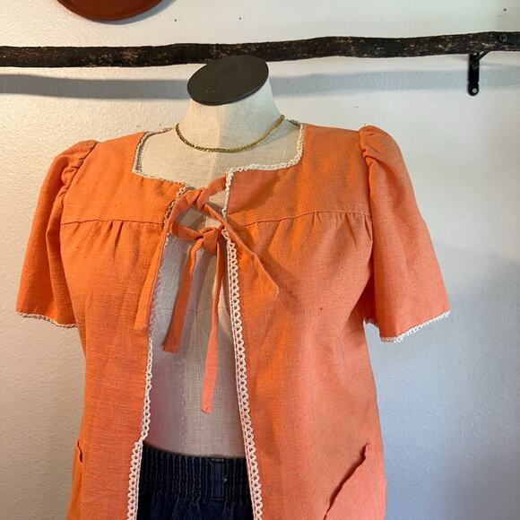 Handmade Orange Textured Two Bow Tie Puffed Short Sleeve Blouse Size Medium - Picture 2 of 11